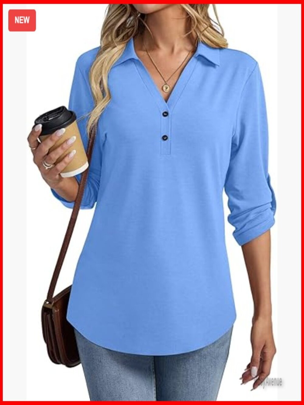 3/4 Sleeve Rolled Sleeve Tunic Tops V Neck Casual Blouses